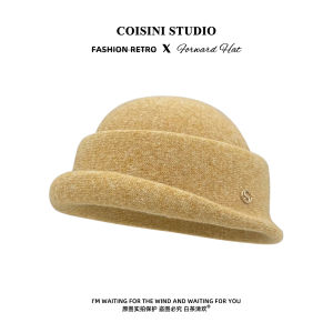 Elegant Black Womens Winter Hat with Curl Edge Large Head Size Fisherman Style Warm Wool Blend Cap Stylish Face Slimming