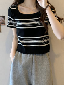 Summer Thin Short-Sleeved Knitwear Womens Clothing Plus Size Slightly Oversized Girls Slim Looking Ice Silk Top Youthful Undershirt Stripes T-Shirt