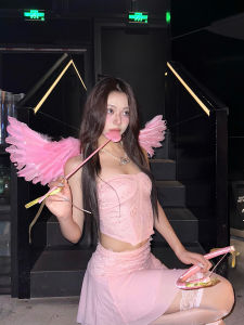 Angel Pink Feather Wings Party Photo Props Womens Cupid Costume Accessory Foldable Back Strap Style for Social Role Play Performance