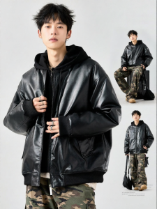 SZON | Fashionable Two-in-one Mens Jacket Casual Workwear Hoodie with PU Leather American Fit