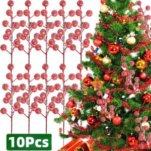 ❄10Pcs Artificial Red Fruit Branch with Snowflake 12 Heads Fake Berry Pick for Christmas Wedding Party Decoration