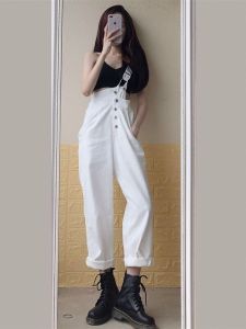 New High Waist Wide Leg Black White Jeans Spring Autumn Loose Slimming Womens Student Denim Pants Trendy Shoulder Strap Pants