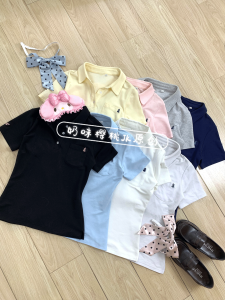 เสื้อยืดคอโปโลแขนสั้น JK สำหรับผู้หญิง สไตล์นักเรียน ทรงสลิมฟิต ลายลูกแพร์สีชมพู แขนสั้น ทรงเข้ารูป เสื้อผ้าทำงานฤดูร้อน