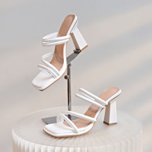 Wide Fit Summer Sandals for plus Size Women Elegant T-Strap Slip-On High Heels Versatile Fashionable Low Cut PU Leather Shoes