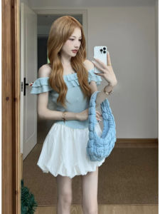 YUEZHONGWEI | Áo len dệt kim lụa màu xanh Pháp hở vai ôm vừa vặn mùa hè cho nữ Áo khoác ngoài không tay áo chui đầu cổ tròn