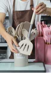 15-Piece Silicone Cooking Utensil Set with Stainless Steel Handle Non-Stick Safe Heat Proof Spatula Spoon Kitchen Tools