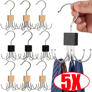 5Pcs 6-Claw 360° Rotatable Closet Hanger Hooks / Multi-Functional Stainless Steel Storage Organizer Hooks / Space-Saving Metal Rack for Belts Ties Scarves and Garment Sorting