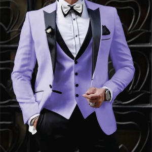 Men Suit 3 Pieces Black Jacket Vest Pant Single Button With Bright Lapel For Wedding Party Birthday Banquet Business Work