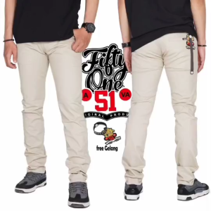 Fifty One Celana Chino Panjang Pria Slim Fit Skinny Cowok Warna Cream Krem