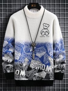 ROMON | Lormen Mens Mink Velvet Knitted Sweater Gradient Half High Collar Winter Fashion Casual Loose Fit Long Sleeve Base Shirt