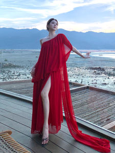 Elegant Morning Bride Desert Sand Drifting Dress Ultra Loose Sensation Red Skirt Elegant Draped Chiffon Summer Wedding Dress