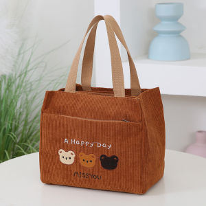 กระเป๋าถือผ้าคอร์ดูรอยปักลายฤดูใบไม้ร่วง/ฤดูหนาว กระเป๋าถือขนาดเล็กสำหรับผู้หญิง กระเป๋าใส่ของสำหรับทำงาน กระเป๋าใส่อาหาร กระเป๋าแม่เดินทาง