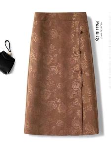 High Waist Slimming Chinese Style Half Skirt for Women Summer 2025 New Knot Button Asymmetrical Hemline Wrap around Skirt