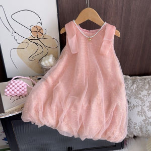 Bear Leader | Summer New Girls Sequined Lace Bow Bubble Princess Dress Korean Version Fashionable Solid Color Kids Clothes 2-7 Years Old