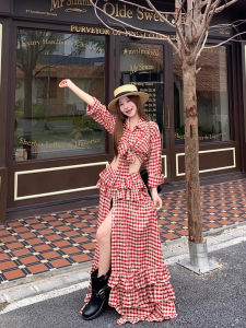 High Waist Plaid Short Shirt And Half Skirt Two Piece Set Womens Fashion Autumn 2025 Chic Polo Collar Loose Fit Four Seasons