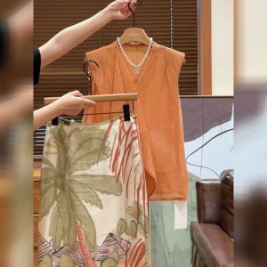 DANTING | High-class Orange Knit Top with Printed Skirt Set For Women