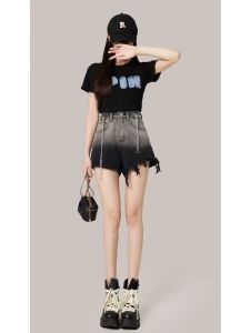 กางเกงขาสั้นผ้ายีนส์ขาดเอวสูง ทรงหลวม ทรงเอ สำหรับผู้หญิง ฤดูร้อน ขนาดใหญ่ กางเกงขาสั้นทรงขาบาน ทรงสลิม ทรงเข้ารูป