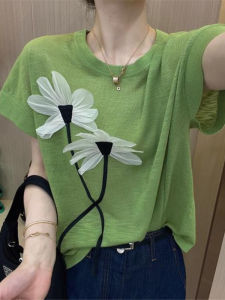 Loose Ice Silk Short Sleeve T-Shirt Women Summer Fashion Design Sense Floral 3D Decoration Casual round Neck Thin Outerwear