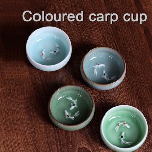 Longquan Celadon Handmade Crackle Glaze Teacup 60ml Golden Fish Design Chinese Kungfu Tea Set Porcelain Cup