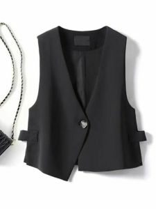 2024 Womens Versatile Short Casual Black Vest One Button Hollow out Loose Fit Outerwear Fashionable Compact Size LLDHDH Brand