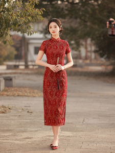 Elegant Red Long Lace Cheongsam Dress Slimming Chinese Style Evening Gown Young Fashionable Retro Design High Slit Daily Wear