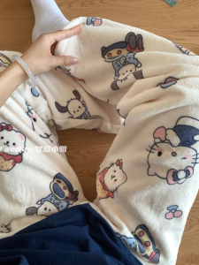 Winter Coral Fleece Cartoon Thick Fleece Plaid Comfortable Heattech Pajama Pants Female Student Young Adult Casual Outdoor Home Pants