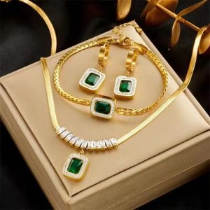 Hot Sale 3Pcs/Set Titanium Steel Emerald Sugar Cube Zircon Pendant Necklace Earrings Bracelet Trendy Party Jewelry Gift