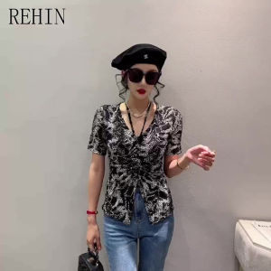 REHIN Women's Top: Irregular Split V-neck Short Sleeve T-shirt European Style Trend Hanging Neck Mesh Versatile Blouse