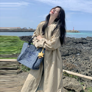 Khaki Green Long Simple Style Womens Coat 2025 Autumn New Casual Style Outerwear Korean Version Loose Fit with Pockets