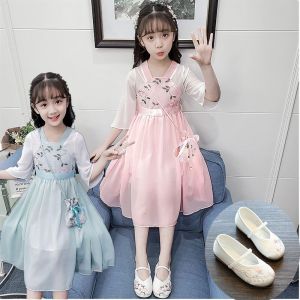 Girls Summer Hanfu Fairy Dress Childrens Traditional Chinese Clothing Cotton Blend Fabric Floral Pattern A-Line Skirt Dress
