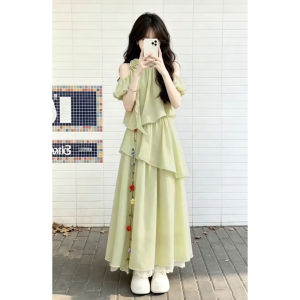 LIRUSHAN | Elegant Irregular French Green Off-Shoulder Maxi Dress