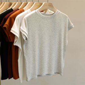 เสื้อยืดคอกลมแขนสั้นสีพื้นสำหรับผู้หญิงในช่วงฤดูร้อนปี 2025 เสื้อเชิ้ตทรงพื้นฐานแบบสวมหัวสบายๆ ลำลอง