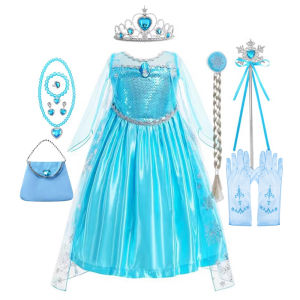 Girls Elsa Cosplay Long Sleeve Dress Children Snow Queen Blue Christmas Birthday Party Kids Halloween Carnival Princess Costume