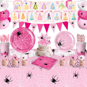 New Pink Spider Web Tableware Set Halloween Party Supplies Birthday Party Plate Tableware Set Scene Atmosphere Decoration