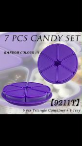Plastic 7 PCS Candy Set【9211T】【9211W】【6 pcs Triangle Container +1 Tray/Round Container With Lid】Bekas Kuih Raya Barangan Kering/ Snack Candy Tray Round Container Compartment With Cover& Tray