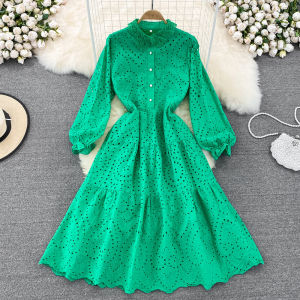 Váy Chữ a Xếp Nếp Thêu Cổ Điển Mùa Thu Váy Midi Dài Khóa Kéo Đơn Eo Cao Tay Bồng Dáng Chữ A Váy Midi