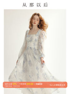 French Floral Print Long Sleeve Square Collar Dress Womens Spring Summer A-Line Dress Bubble Sleeve Tea Break Holiday Style