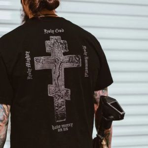 Back Cross Print Tactical Short-sleeved Cotton T-shirt Mens Summer Military Style Personalized Wear Outdoor Casual Sports Top