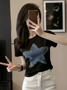 Spicy Sweet Diamond-Embellished Slim Fit T-Shirt for Women Short Sleeve Summer Crewneck Top with Creative Letter Pattern