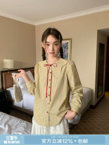 Womens Autumn Bow Collar Lace-up Striped Shirt