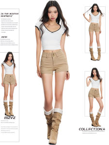 MZVZ | Quần Short Đenim Đai Đôi Màu Khaki Phong Cách Retro
