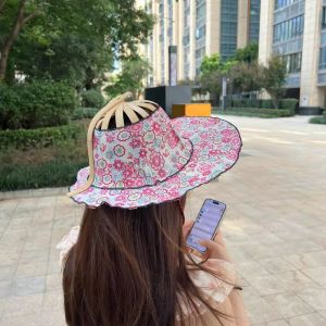 Foldable Bamboo Fan Hat Creative Travel Sunshade Hat Printed Foldable Hat Casual Style Summer Cap for Young Women