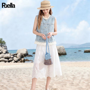 puella | Áo Gile Jean Phong Cách Pháp Mùa Hè có Chi Tiết Ren