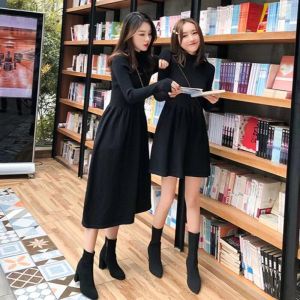 Rumen Miui Mid-Length Knitted Dress Thickened High-Waist A-Line Black Dress for Women Autumn Winter Half-High Collar Inner Wear
