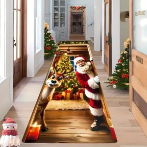 VIKAMA 3D Santa Reindeer Giáng Sinh Thảm Chạy Bộ Vui Nhộn Minh Họa Cửa Sổ Thảm Dài Cho Hành Lang Hành Lang Trang Trí Nhà Cửa Chống Trơn Trượt Chống Phai Màu Polyester