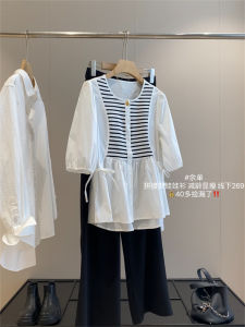 เสื้อเชิ้ตแขนสั้นลายทางสีขาวสไตล์ฝรั่งเศส ทรงพอง ดีไซน์เก๋ไก๋สำหรับผู้หญิง ฤดูใบไม้ผลิ 2024 เสื้อเชิ้ตคอโปโลแขนยาว