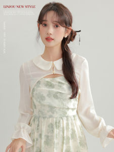 New 2025 Lingjiu Chinese Style Floral Print Sweet Strapless Dress Womens Midi Skirt Adjustable Shoulder High Waist Zipper Back