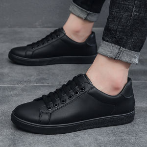 Pure Black Mens Casual Shoes Leather Surface Waterproof Work Flat Bottom Business Chef New 2025 Small Black Shoes