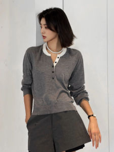 YUEZHONGWEI | Gray Long Sleeve Knitted Slim Fit Womens Base Shirt Inner Wear Top Color Block Design Commute Style V Neck Pullover Autumn New Arrival
