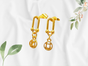 14K Thailand Gold Geometric Drop Earrings | Paperclip Stud with Coin Charm | Stainless Steel for Her